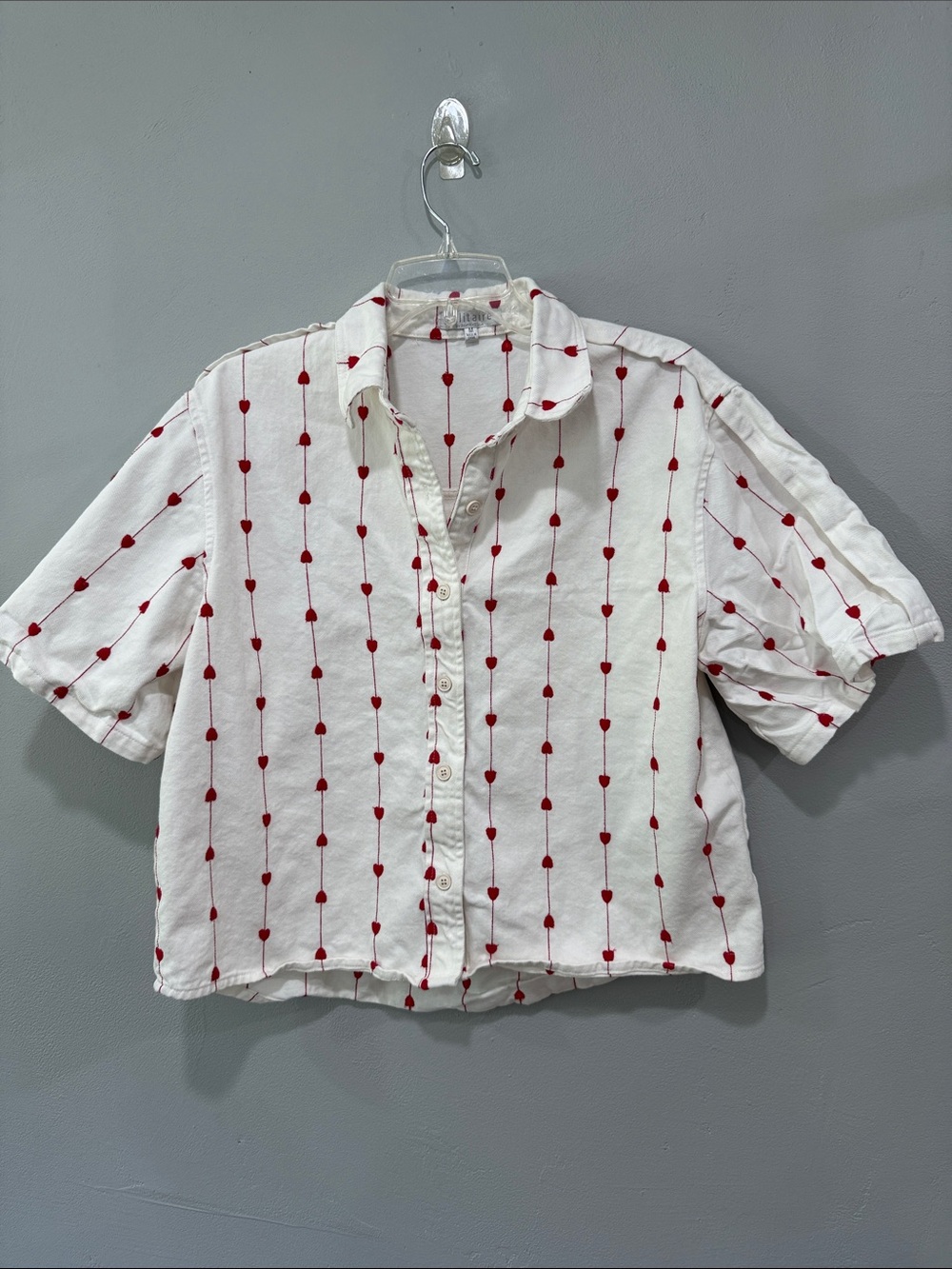 Solitaire White Button Down Jean Top Red Heart Embroidered Stitching Size medium
